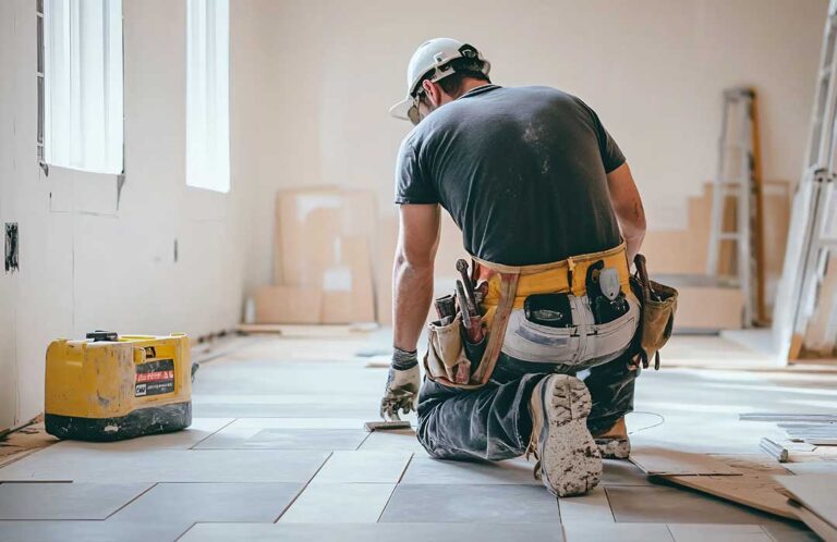 Homeowners review renovation plans beside a protected kitchen workspace with tools and building materials.